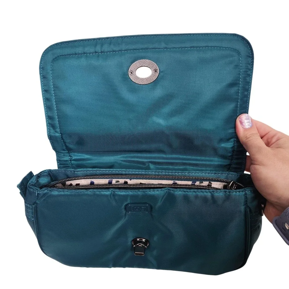 LUG Allegro Clutch Bag Womens Small Teal Green Quilted Turn Lock Purse